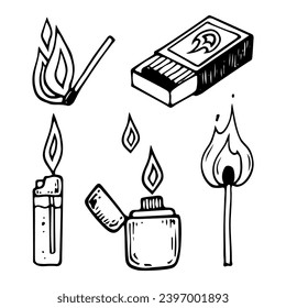 Set lighter match sketch. Making a fire. Hand drawn illustration.