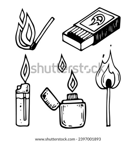 Set lighter match sketch. Making a fire. Hand drawn illustration.