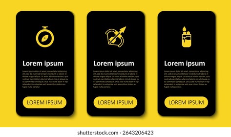 Set Lighter, Medieval bow and arrow and Compass. Business infographic template. Vector