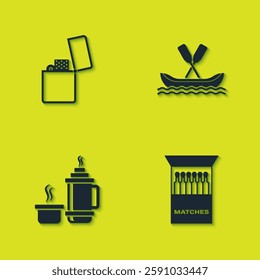 Set Lighter, Open matchbox and matches, Thermos container and Rafting boat icon. Vector