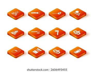Set Lighter, Open matchbox and matches, Campfire, Wooden axe, Head flashlight, Thermos container and  icon. Vector