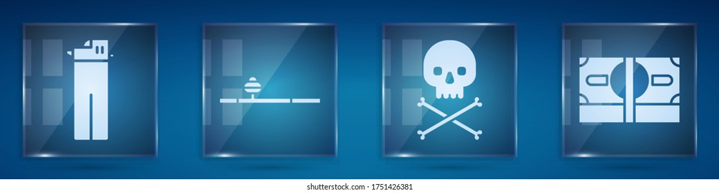 Encender, tubería de opio, calavera en los huesos cruzados y apilar dinero de papel. Paneles de vidrio cuadrado. Vector