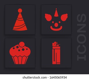 Set Lighter , Party hat , Clown head  and Muffin  icon. Vector