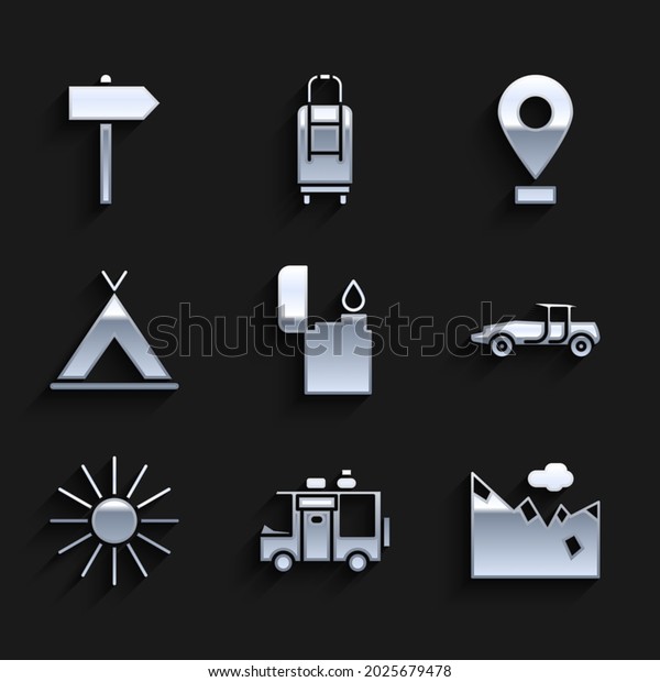 Set\
Lighter, Rv Camping trailer, Mountains, Car, Sun, Tourist tent,\
Location and Road traffic signpost icon.\
Vector