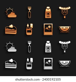 Set Lighter, Sausage on the fork, Watermelon, Photo frame, Piece of cake, Sunscreen cream in tube, and cloud weather and Fork icon. Vector