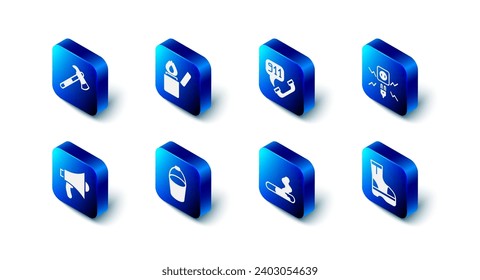 Set Lighter, Telephone call 911, Electricity spark, Fire boots, Cigarette, bucket, Megaphone and Firefighter axe icon. Vector