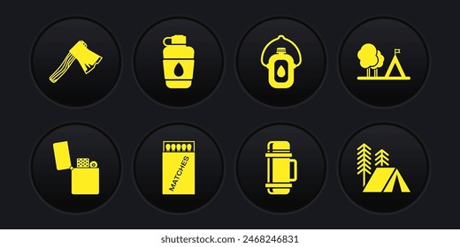 Set Lighter, Tourist tent with flag, Open matchbox and matches, Thermos container, Canteen water bottle,  and Old wooden axe icon. Vector