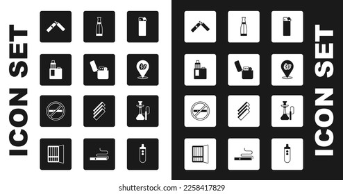 Encender, Vape mod device, Broken cigarette, Tobacco leaf, liquido botella, Hookah y No fumar icon. Vector