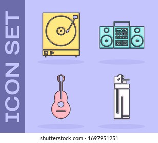 Set Lighter , Vinyl player with a vinyl disk , Guitar  and Home stereo with two speakers  icon. Vector