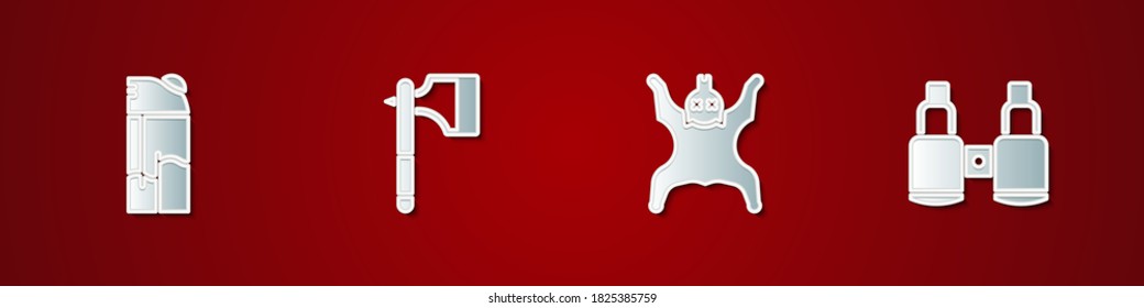Set Lighter, Wooden axe, Bear skin and Binoculars icon. Vector.