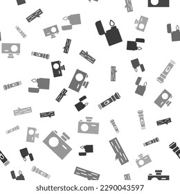 Set Lighter, Wooden log, Flashlight and Photo camera on seamless pattern. Vector