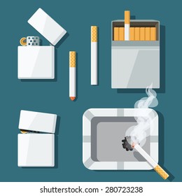 Set of lighters, cigarettes and ashtray in flat style. Vector