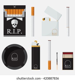 Set of lighters, cigarettes, match and ashtray in flat design. Element for World No Tobacco Day.Vector Illustration