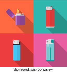 Set of lighters icons with long shadow isolated on colorful background. Simple lighters in flat style. Vector sign symbol illustration