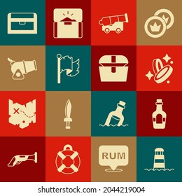 Set Lighthouse, Alcohol drink Rum, Pirate coin, Cannon, flag, Antique treasure chest and  icon. Vector