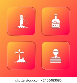 Set Lighthouse, Alcohol drink Rum bottle, Tropical island ocean and Sailor captain icon. Vector