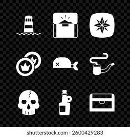 Set Lighthouse, Antique treasure chest, Wind rose, Skull, Alcohol drink Rum, Pirate coin and bandana for head icon. Vector