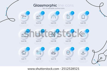 Set of Lighthouse, Baggage reclaim and Petrol station line icons for web app. Ambulance emergency, Delivery service, Road icons. Parking app, Ferris wheel, Bus parking signs. Vector