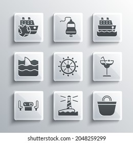 Set Lighthouse, Beach bag, Cocktail, Ship steering wheel, Poker table, Shark fin ocean wave, Cruise ship and  icon. Vector
