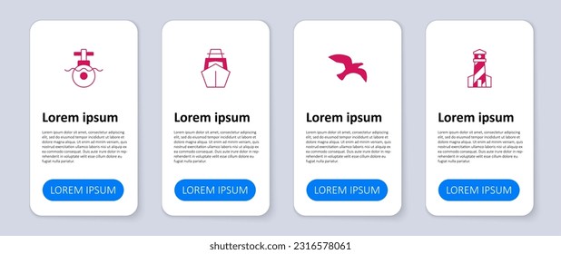 Set Lighthouse, Bird seagull, Yacht sailboat and Submarine. Business infographic template. Vector