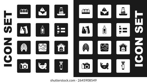 Set Lighthouse, Bottle of vodka, Waterfall, Norwegian wooden, Flag Iceland, Iceberg, Farm and Fish steak icon. Vector