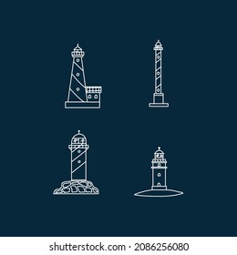 A set of lighthouse building with a lantern. A house by the sea with a lamp for design on the dark. Vector illustration