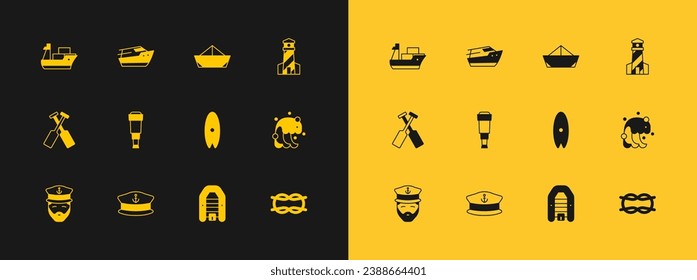 Set Lighthouse, Captain hat, Surfboard, Inflatable boat with motor, Spyglass telescope lens, Folded paper, Cargo ship and Speedboat icon. Vector