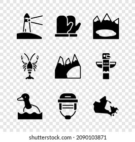 Set Lighthouse, Christmas mitten, Canadian lake, Flying duck, Hockey helmet, Canada map, Lobster and Mountains icon. Vector