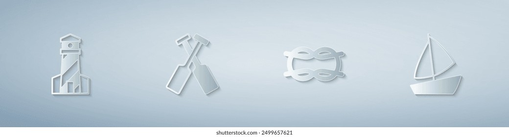 Set Lighthouse, Crossed oars or paddles boat, Nautical rope knots and Yacht sailboat. Paper art style. Vector