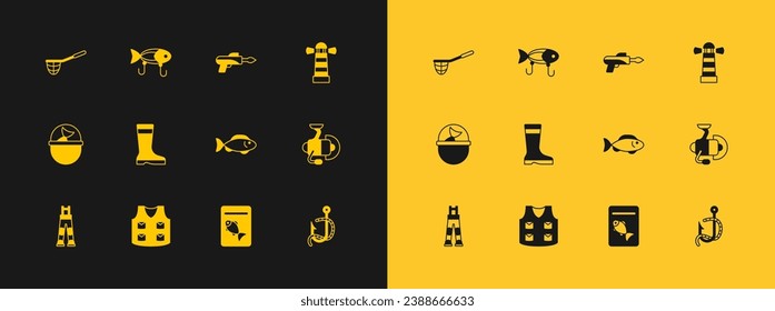 Set Leuchtturm, Fishing-Jacke, Served Fisch auf Teller, Stiefel, Harpune, Netz und Lure-Symbol. Vektorgrafik