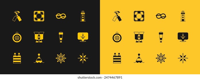 Set Lighthouse, Floating buoy, Spyglass telescope lens, Ship steering wheel, Binoculars, Nautical rope knots, Crossed oars or paddles boat and Lifebuoy icon. Vector