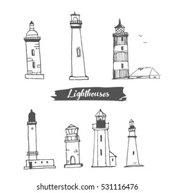 Set Lighthouse Hand Drawn