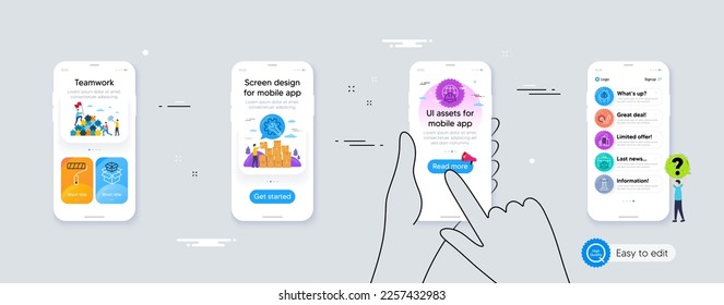 Set of Lighthouse, House protection and Global engineering line icons. Phone ui interface. Include Customisation, Packing boxes, Construction toolbox icons. Vector
