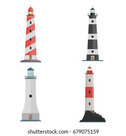 Set of lighthouse icon. Red, black, white lighthouses. Searchlight towers for maritime navigation guidance. Sea beacon for security and navigation. Flat design. Vector illustration