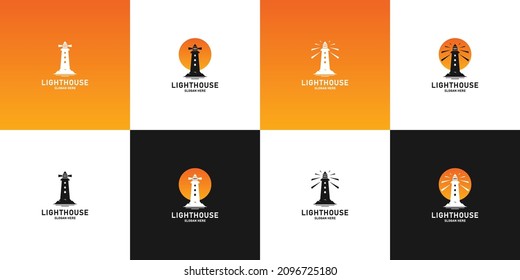 conjunto de diseños de logotipo del faro con combinación de puesta de sol.