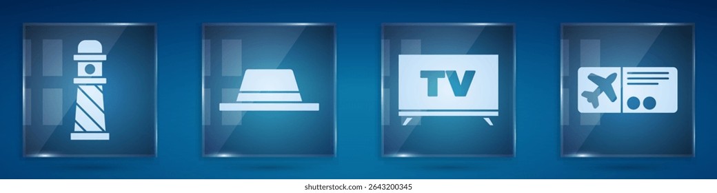 Set Lighthouse, Man hat with ribbon, Smart Tv and Airline ticket. Square glass panels. Vector