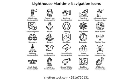 Set of lighthouse maritime navigation icons. includes lighthouse, fresnel lens, foghorn, coastline, lighthouse keeper, ship navigation, anchor, life buoy, ship wheel, radar screen, binoculars, sextant, star chart, barometer, weather vane, bell buoy, sparrow, storm clouds, waves, beacon, dock cleat, lantern, rescue whistle, sea map, and gps device.