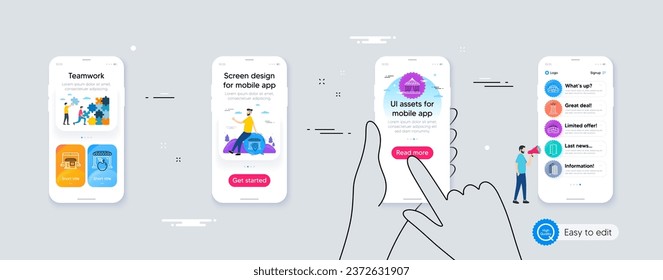 Set of Lighthouse, Market and Marketplace line icons. Phone ui interface. Include Skyscraper buildings, Sports stadium, Open door icons. Vector