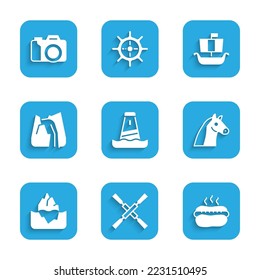 Set Lighthouse, Oars or paddles boat, Hotdog sandwich, Horse, Iceberg, Waterfall, Viking ship Drakkar and Photo camera icon. Vector