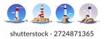 Set of lighthouse on the island by the sea. Vector illustration