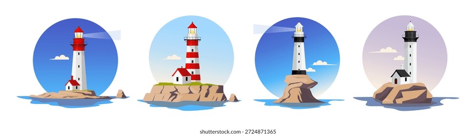 Conjunto de faro en la isla junto al mar. Ilustración vectorial
