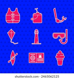 Set Lighthouse, Passport, Ice cream in waffle cone, Diving mask and snorkel, Kayak canoe paddle, Kite, Snorkel and Life jacket icon. Vector