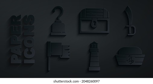 Set Lighthouse, Pirate sword, flag, Sailor hat, Antique treasure chest and hook icon. Vector