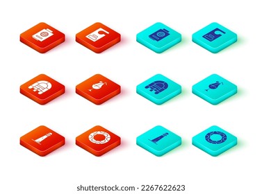 Set Lighthouse, Rubber swimming ring, Rafting boat, Cocktail and alcohol drink, Please do not disturb and Passport with ticket icon. Vector