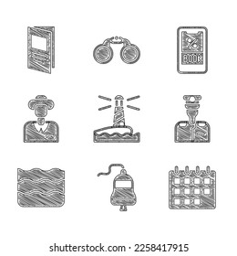 Set Lighthouse, Ship bell, Calendar, Captain of ship, Wave, Tourist, Cruise ticket and Brochure icon. Vector