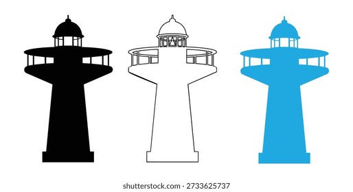 Conjunto de silhueta farol, farol de esperança na costa. Três silhuetas de farol em preto, branco e azul. Farol Beacon Silhueta Representação.