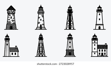 Conjunto de siluetas de faro en varios estilos arquitectónicos y diseños ayudas de navegación