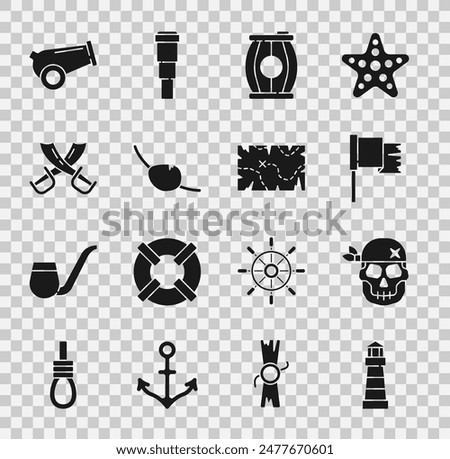 Set Lighthouse, Skull, Pirate flag, Gun powder barrel, eye patch, Crossed pirate swords, Cannon and treasure map icon. Vector