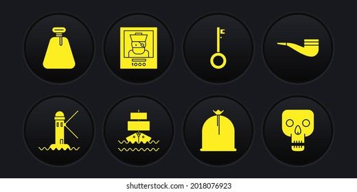Set Lighthouse, Smoking pipe, Ship, Pirate sack, key, Wanted poster pirate, Skull and  icon. Vector