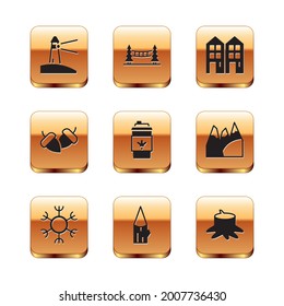 Set Lighthouse, Snowflake, Wooden log, Coffee cup to go, Acorn, House, Tree stump and Capilano Suspension Bridge icon. Vector